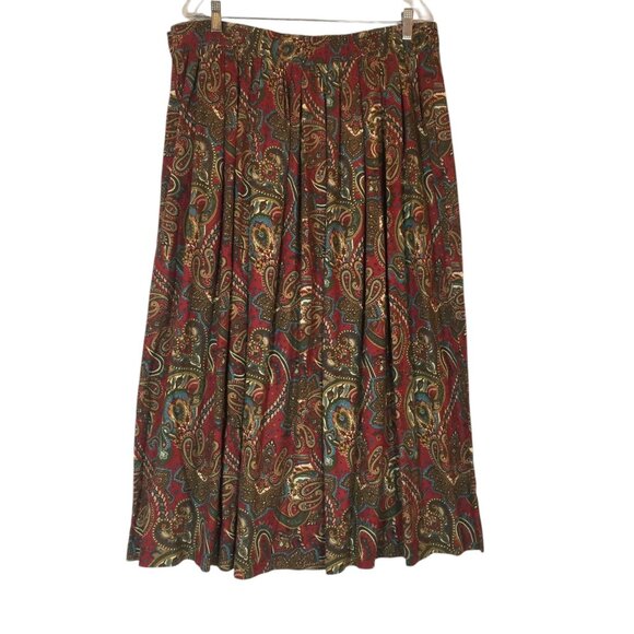 ORVIS Midi Pleated Skirt Size XL Paisley Burgundy Pockets Side Zip Elastic Waist - Picture 11 of 11
